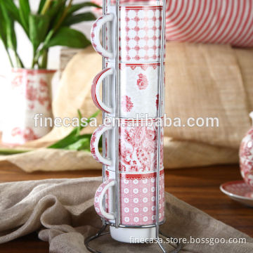8OZ Elegant Style Fine White Porcelain Coffee Mug Set with Metal Rack of Oriental Manor